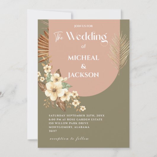 モダンなボヘミアンチックな水彩花イラスト 招待状 (正面)