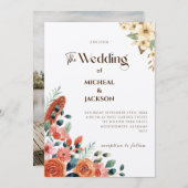 モダンなボヘミアンチックな水彩花イラスト 招待状 (正面/裏面)