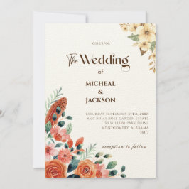 モダンなボヘミアンチックな水彩花イラスト 招待状