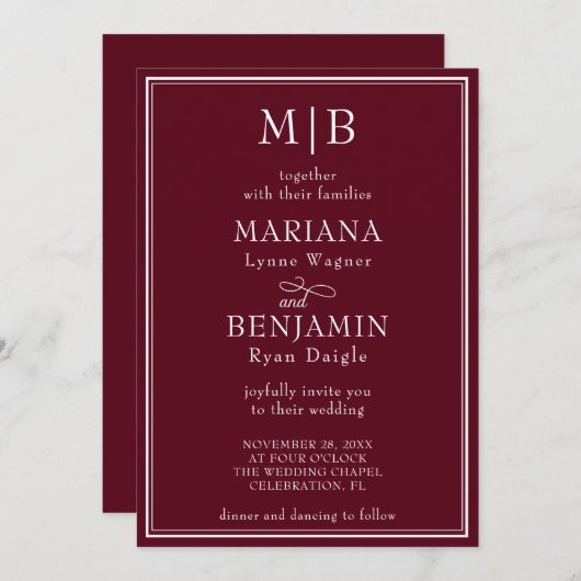 モダンなボーダー ミニマル ボーホー バーガンディ ウェディング 招待状 (正面/裏面)