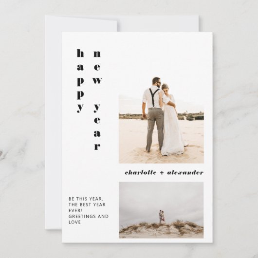 モダンなボールドスクリプトのピンクの「ハッピー・ニュー・イヤー」2つの写真 シーズンカード (正面)