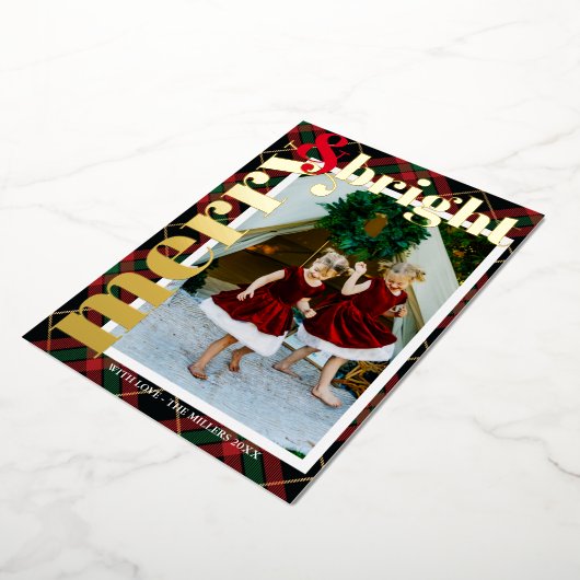 モダンなボールド・チェックの楽しい家族写真 箔シーズンカード (回転した状態)