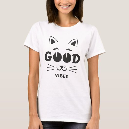 モダンなポジティブエネルギー猫顔 - ミニマルなネコのタイポ Tシャツ (正面)
