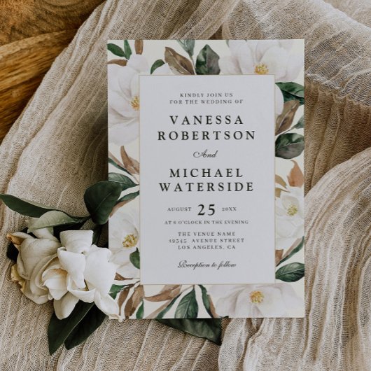 モダンなマグノリアの花の結婚式招待状 招待状