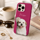 モダンなマゼンタピンクの犬の写真と手書き風名前 iPhoneケース