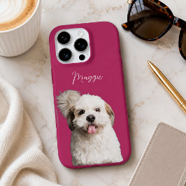 モダンなマゼンタピンクの犬の写真と手書き風名前 iPhone 16 PROケース