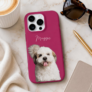 モダンなマゼンタピンクの犬の写真と手書き風名前 iPhone 16 PROケース