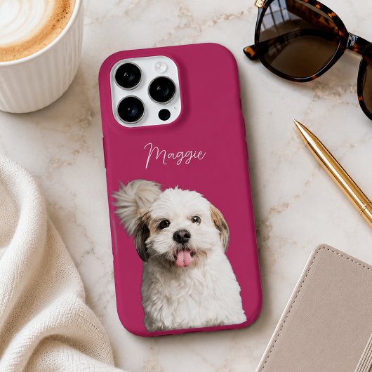 モダンなマゼンタピンクの犬の写真と手書き風名前 iPhoneケース