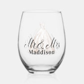 モダンなミスター＆ミセス クラシックホワイト ウェディングドレス ステムなしワイングラス (正面)