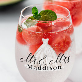 モダンなミスター＆ミセス クラシックホワイト ウェディングドレス ステムなしワイングラス