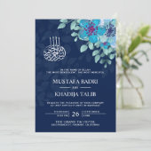 モダンなミッドナイトブルーの花柄イスラム教徒の結婚式 招待状 (スタンド正面)