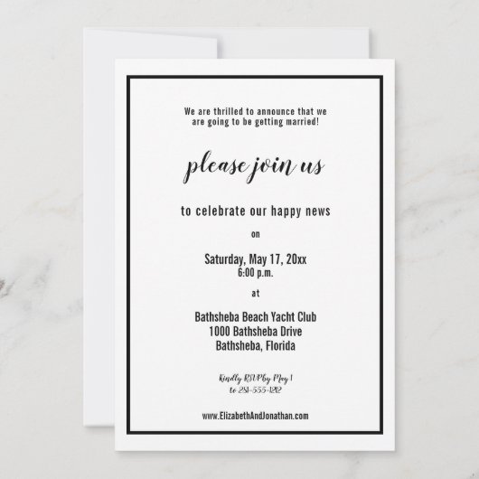 モダンなミニマリストのちょうど婚約したな写真のパーティー 招待状 (裏面)