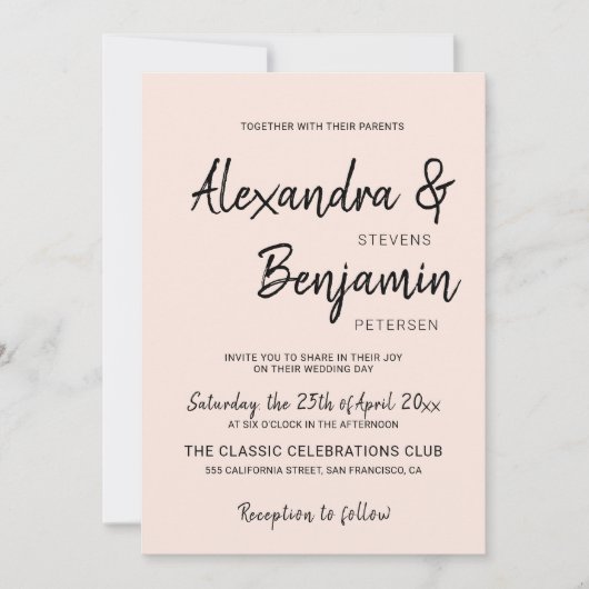 モダンなミニマリストのシンプルな手書き文字のブッシュピンクの結婚式 招待状 (正面)