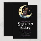モダンなミニマリストのハロウィーン 黒猫の月 招待状 (正面/裏面)