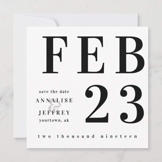 モダンなミニマリストの保存日付はっきりしたなタイプフェイス セーブザデート (正面)