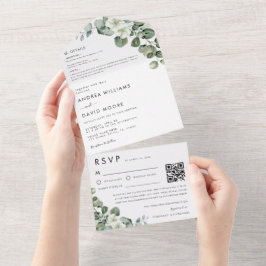 モダンなミニマリスト ユーカリのRSVP QRコード ウェディング オールインワン招待状