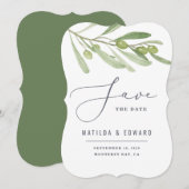 モダンなミニマルなオリーブの葉のフォリアージュエッジ 案内状 (正面/裏面)