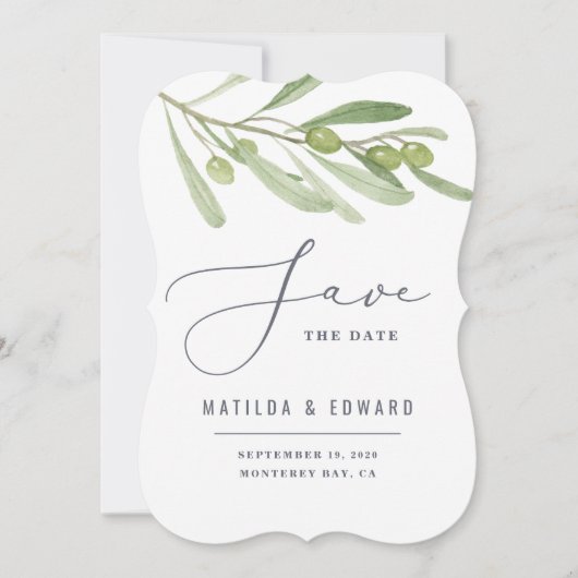 モダンなミニマルなオリーブの葉のフォリアージュエッジ 案内状 (正面)