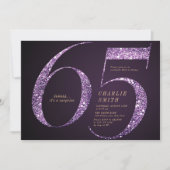 モダンなミニマルなパープルのグリッター65歳の誕生日 招待状 (正面)
