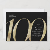 モダンなミニマルなブラックとゴールドの100歳の誕生日 招待状 (正面)