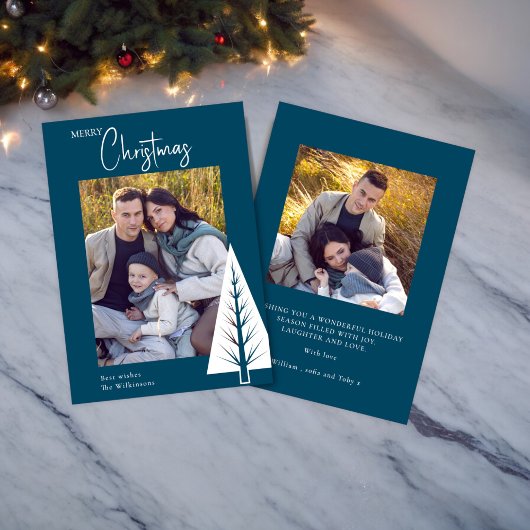 モダンなミニマルなブルーの写真クリスマス シーズンカード