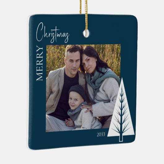 モダンなミニマルな青い写真クリスマス記念品 セラミックオーナメント (右)