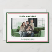 モダンなミニマルグリーンボーダー写真 Feliz Navidad シーズンカード (正面)