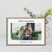 モダンなミニマルグリーンボーダー写真 Feliz Navidad シーズンカード (スタンド正面)