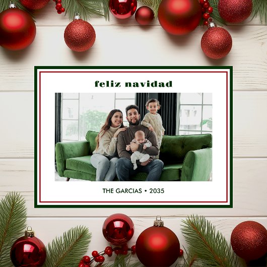 モダンなミニマルグリーンボーダー写真 Feliz Navidad シーズンカード