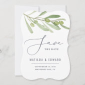 モダンなミニマルデザインのオリーブの葉グリーンが美しいウェディング 案内状 (正面)