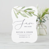 モダンなミニマルデザインのオリーブの葉グリーンが美しいウェディング 案内状 (スタンド正面)
