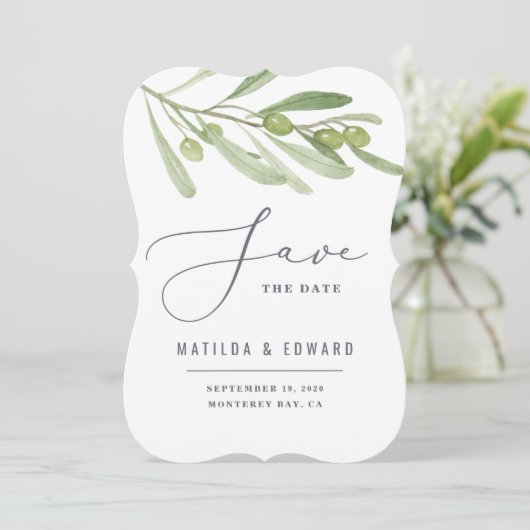 モダンなミニマルデザインのオリーブの葉グリーンが美しいウェディング 案内状 (スタンド正面)