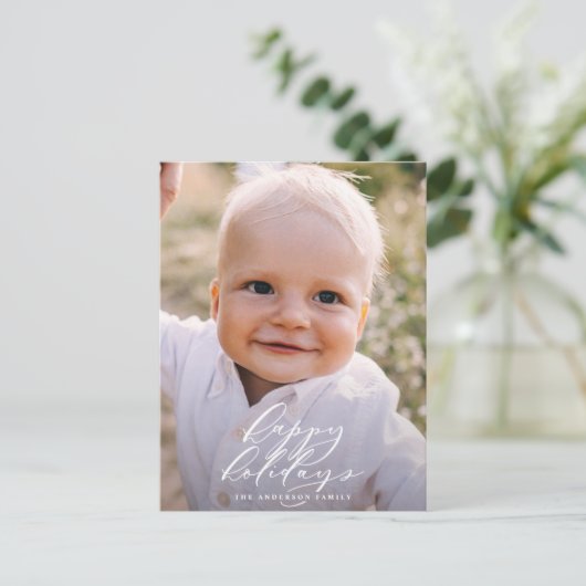 モダンなミニマル写真のクリスマス エレガントなホリデー シーズンポストカード (スタンド正面)