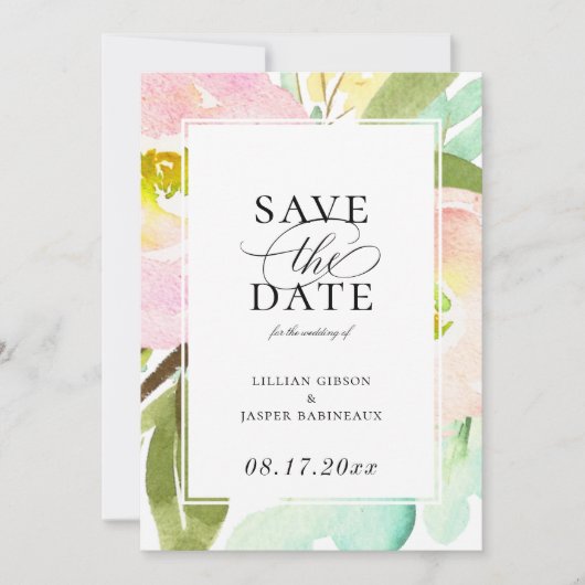 モダンなミントの夏の花柄 Save the Date 案内状 (正面)