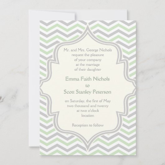 モダンなミントグリーンとグレーのシェブロンジグザグの結婚式 招待状 (正面)