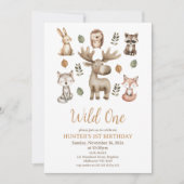 モダンなムースの森のワイルドワン 1歳の誕生日 招待状 (正面)