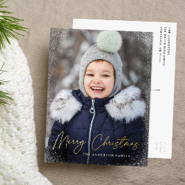 モダンなメリークリスマスのカリグラフィー写真入り 箔シーズンポストカード