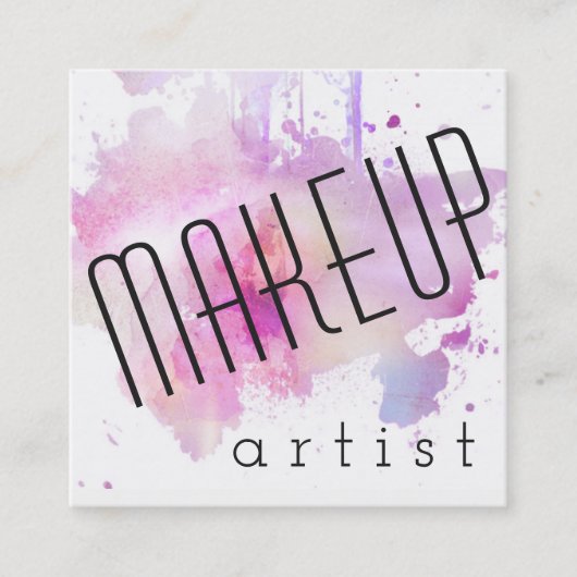 モダンなメーキャップアーティストのピンクの水彩画の（ばちゃばちゃ）跳ねる スクエア名刺 (正面)