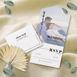 モダンなモノクロミニマルフォトウェディング オールインワン招待状