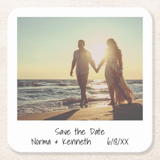 モダンなモノクロ写真の結婚式セーブ・ザ・デート スクエアペーパーコースター (正面)