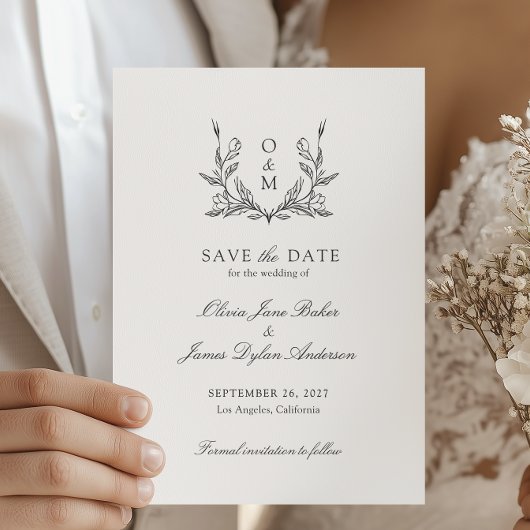 モダンなモノグラムと植物の紋章の結婚式 セーブザデート