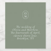 モダンなモノグラムのオリーブグリーンの結婚式 ワインラベル (シングルラベル)