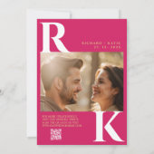 モダンなモノグラムの明るいピンクの写真 招待状 (裏面)