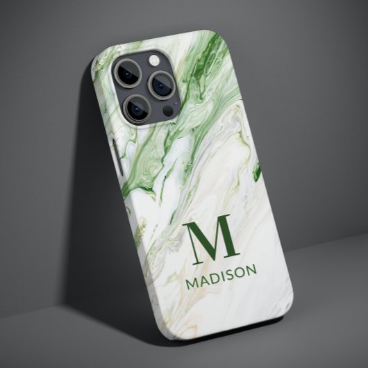モダンなモノグラムの緑と白のおしゃれな名入れデザイン Case-Mate iPhoneケース