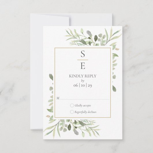 モダンなモノグラムイニシャルグリーンの結婚式 出欠カード (正面)