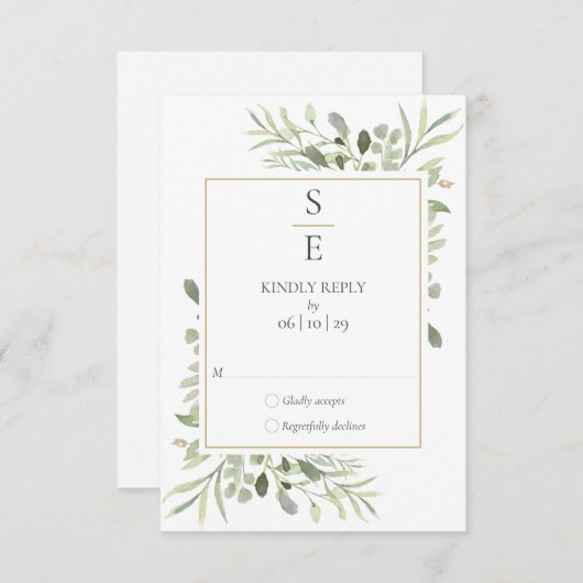 モダンなモノグラムイニシャルグリーンの結婚式 出欠カード (正面/裏面)