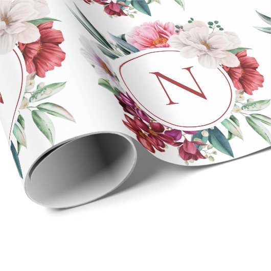 モダンなモノグラムパーソナライズド フラワーの結婚式 ラッピングペーパー (ロールコーナー)