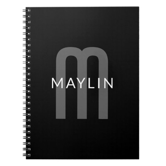 モダンなモノグラム名前 | 黒 グレー 白 ノートブック (正面)