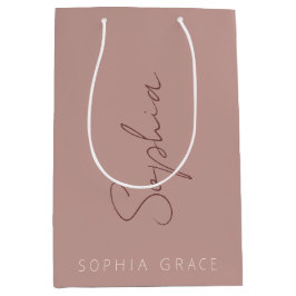 モダンなモノグラム手書きスクリプト ダスティ ローズ ミディアムペーパーバッグ