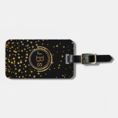 モダンなモノグラム|の金ゴールドのグリッターの紙吹雪は黒に点を打ちます ラゲッジタグ (正面横)